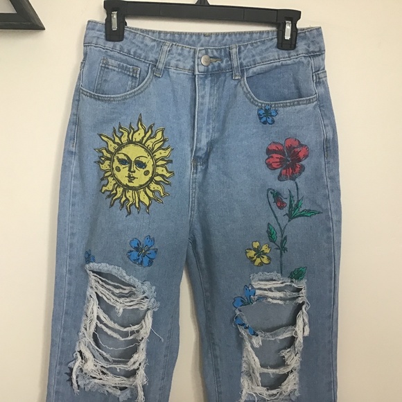 SHEIN Denim - Printed Distressed Mom Jeans